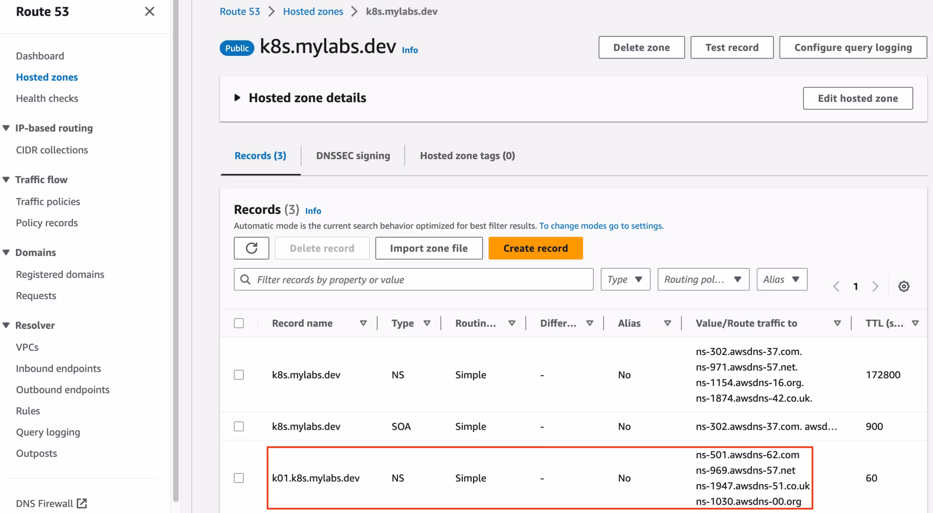 Route53 k8s.mylabs.dev zone